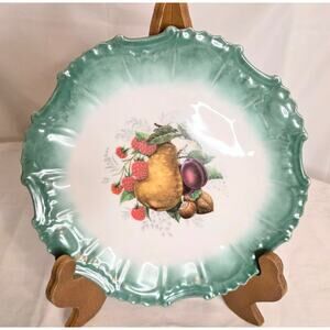 Vintage Fruit Inspired Ceramic Plate Green Scalloped Edge Pear Plum Berries Nuts